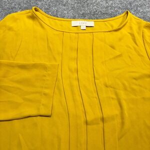 LOFT Women's M Mustard Yellow Pleated Blouse Crew Neck Long Sleeve Top Shirt